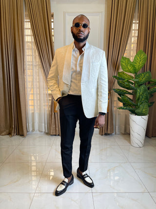 Textured Crème Jacquard Floral Patterned Suit