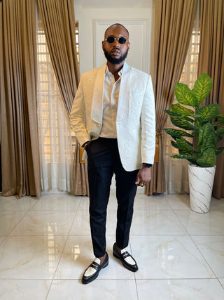 Textured Crème Jacquard Floral Patterned Suit